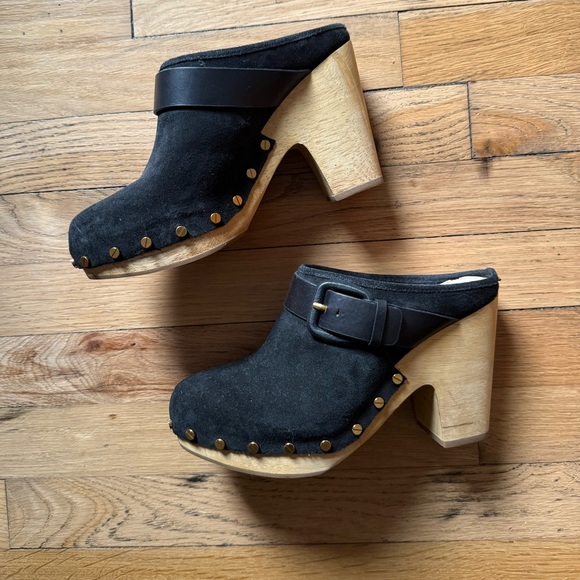 Veronica Beard Black Suede Studded Wooden Clog Mules - Picture 2 of 8